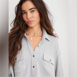 Aerie Lumber Jane Button Up Waffle Knit Cardigan in Light Gray